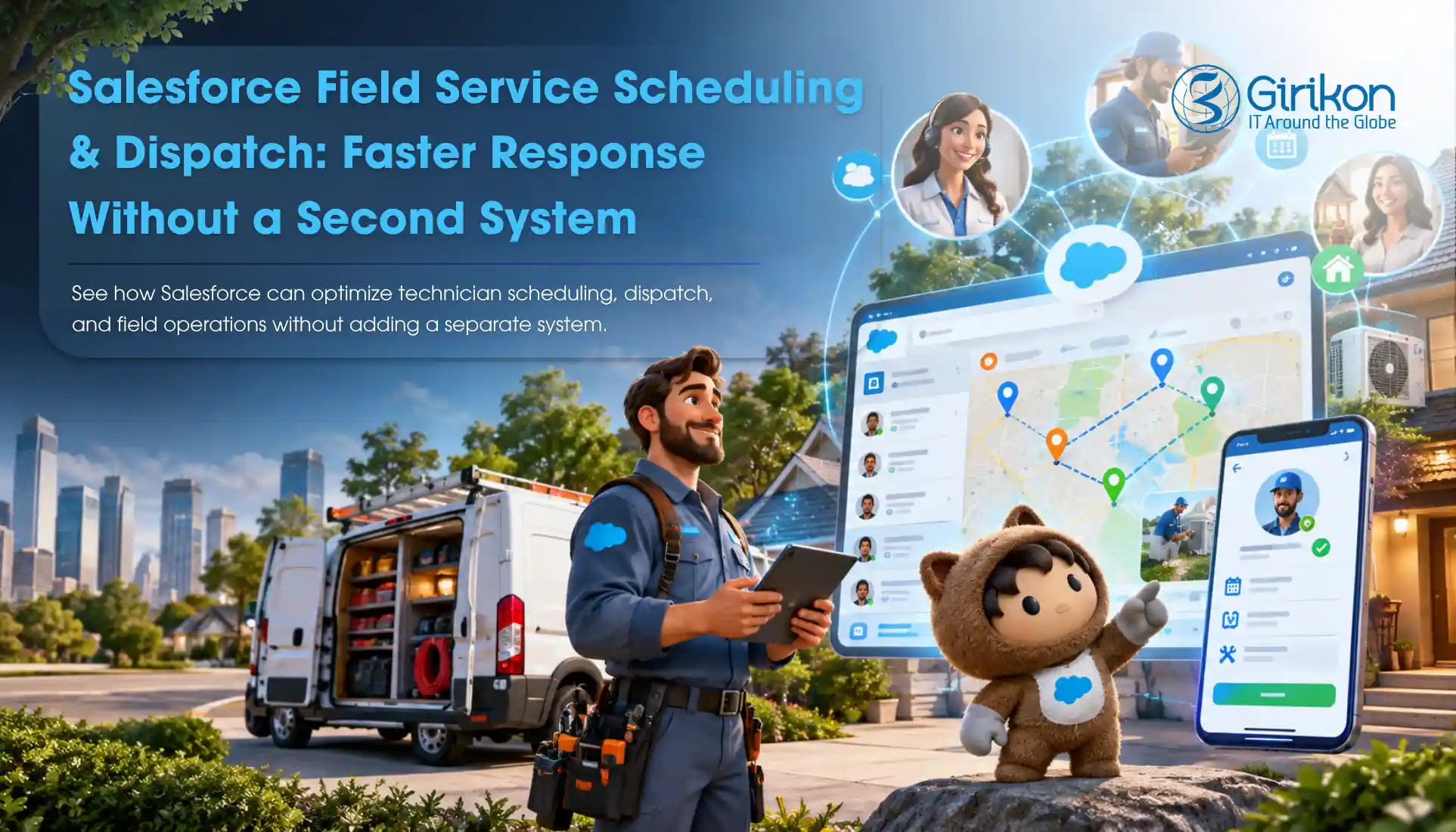 Salesforce Field Service dispatcher scheduling technicians across service territories on a single console